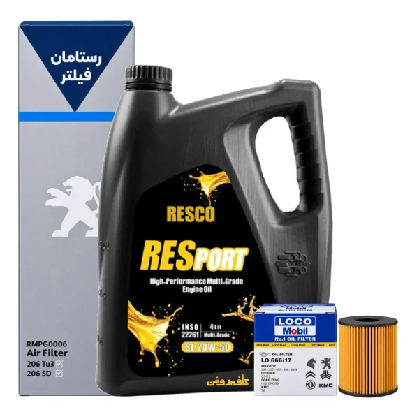 بسته اقتصادی ایرانول رسکو 20w50 SL به همراه فیلتر روغن و فیلتر هوا مناسب 206 مدل 1386 به بالا - Image 1